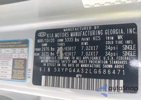 2020 Kia Sorento 2.4L L из США, поврежденный, VIN 5XYPG4A32LG686471